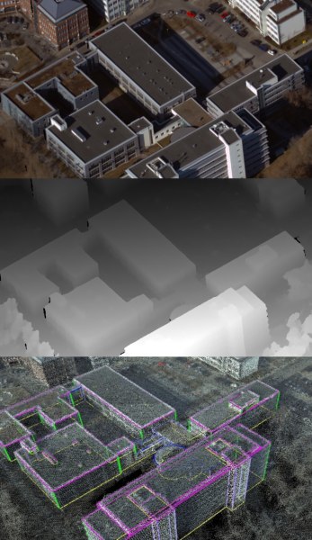 photogrammetric processing from digital aerial photos, over digital surface model to a textured Surface Model with facades (2.5D)