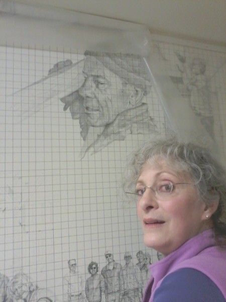 Becky Lewis-Thompson with her stunning depiction of Karl Striedieck.  Note the black-thread gridlines used as a drawing aid
