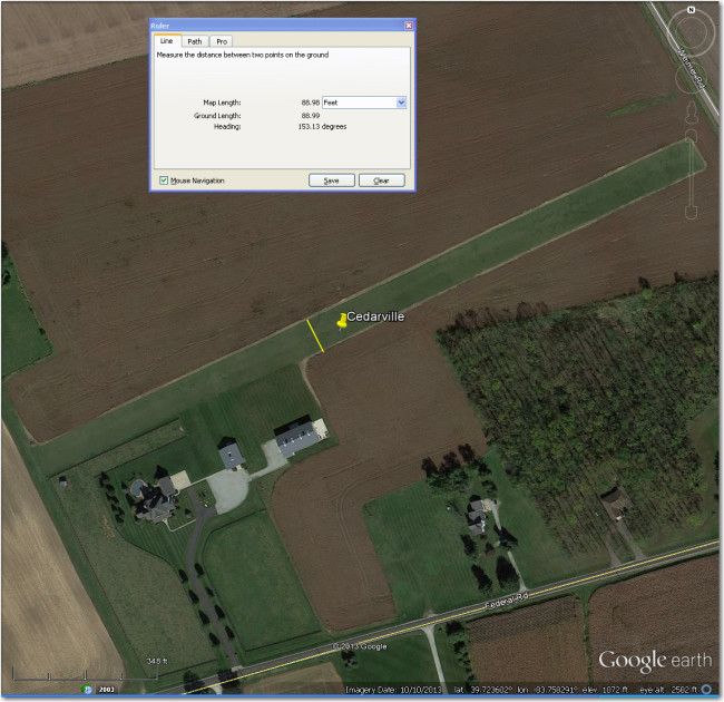 Using GE's 'ruler' tool to measure the width of a private airstrip near Cedarville, OH